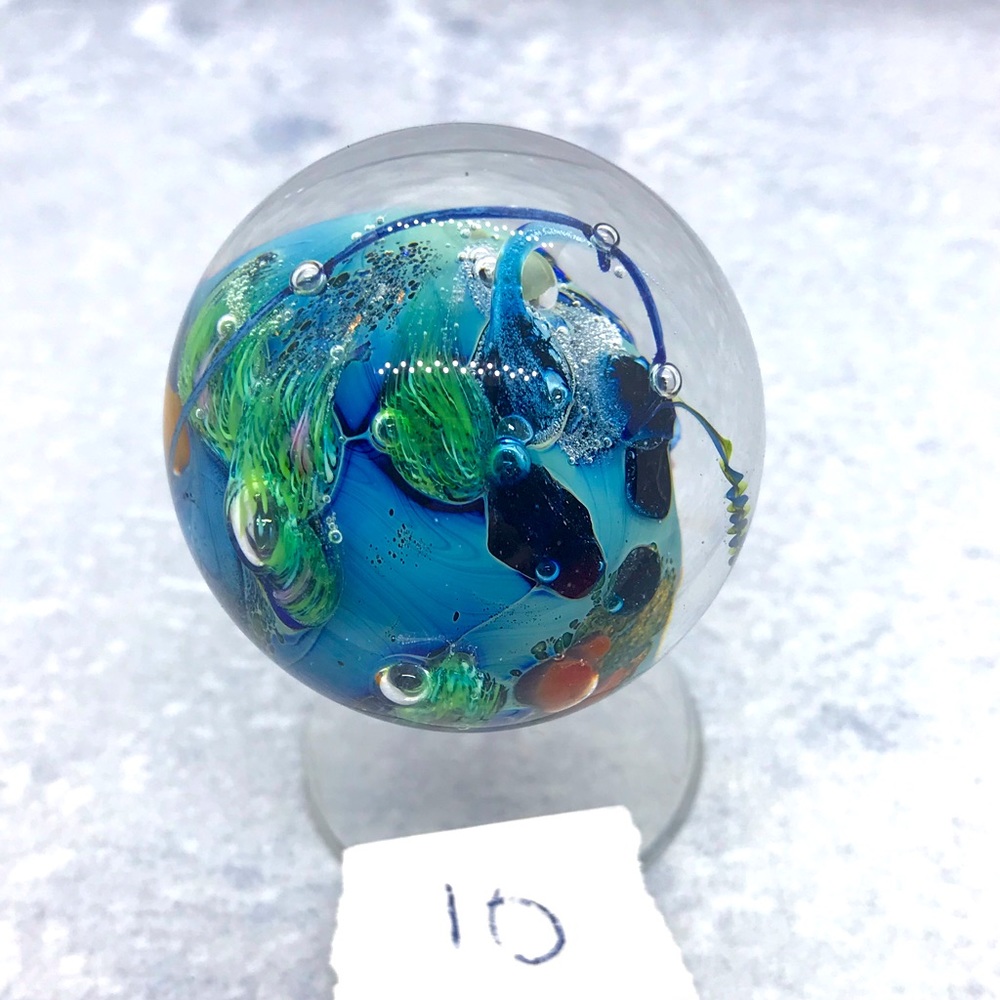 COPY - Josh Simpson Art Glass sphere, Inhabited Worlds series, 1 7/8”